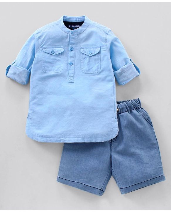 Pine Kids Half Sleeves Biowashed Solid T-Shirt and Shorts Set - Blue