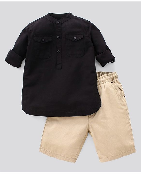 Pine Kids Full Sleeve Solid Kurta Shirt and Shorts Set Softener Wash - Black Beige