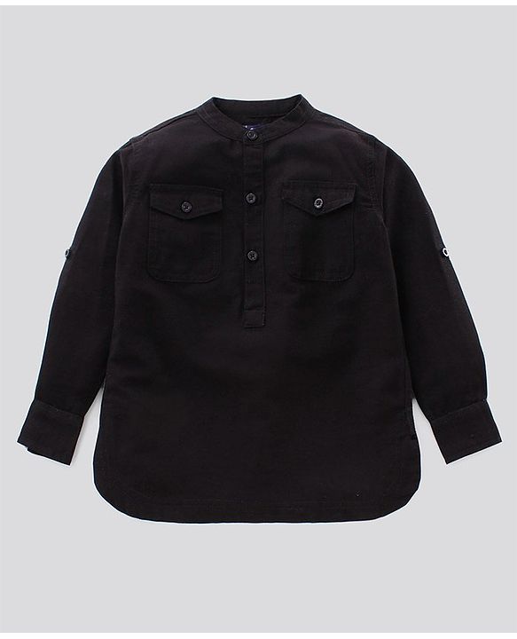 Pine Kids Full Sleeve Solid Kurta Shirt and Shorts Set Softener Wash - Black Beige