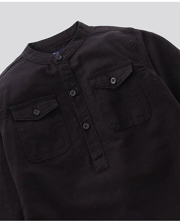 Pine Kids Full Sleeve Solid Kurta Shirt and Shorts Set Softener Wash - Black Beige