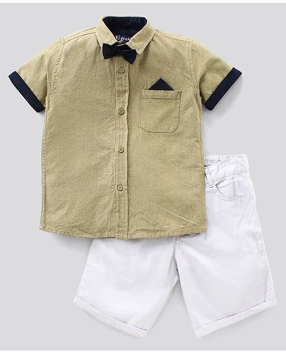 Pine Kids Half Sleeve Solid Shirt with Bow and Shorts Set Softener Wash - Olive White