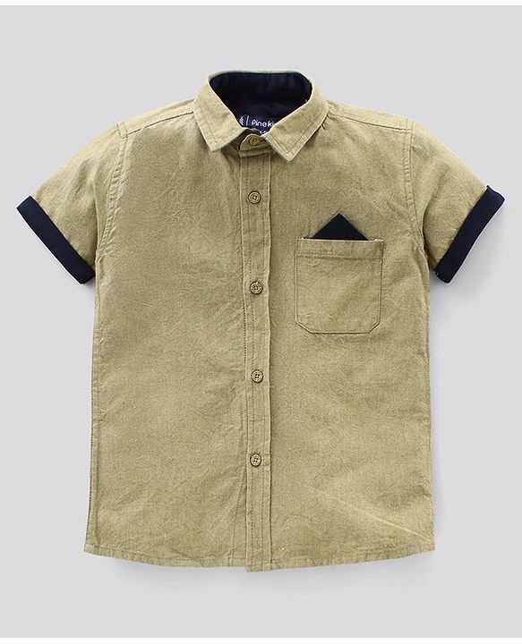 Pine Kids Half Sleeve Solid Shirt with Bow and Shorts Set Softener Wash - Olive White