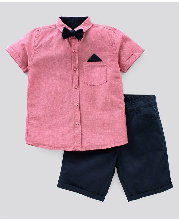 Pine Kids Half Sleeve Shirt and Shorts Set with Bow - Pink Navy