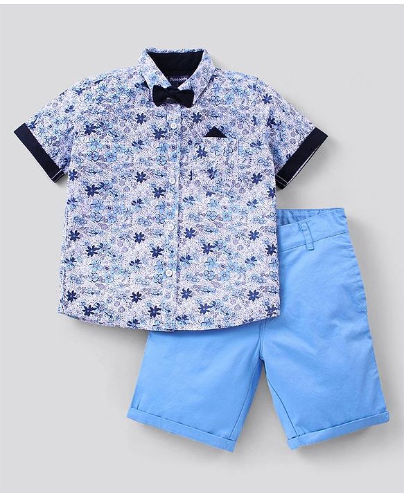 Pine Kids Half Sleeve Party Wear Shirt and Shorts Set with Bow Floral Print - Blue
