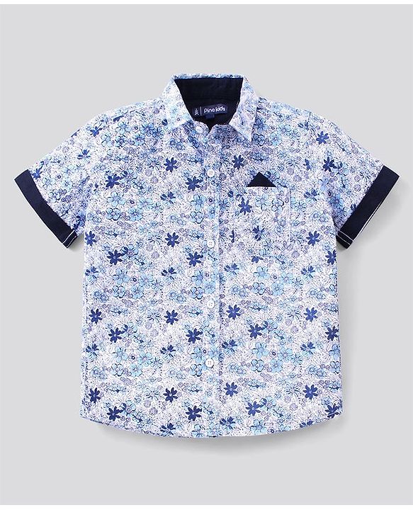 Pine Kids Half Sleeve Party Wear Shirt and Shorts Set with Bow Floral Print - Blue