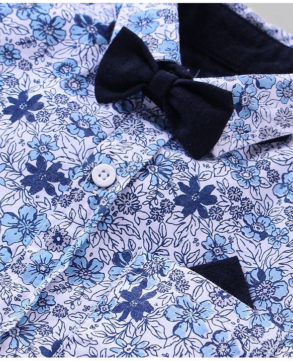 Pine Kids Half Sleeve Party Wear Shirt and Shorts Set with Bow Floral Print - Blue