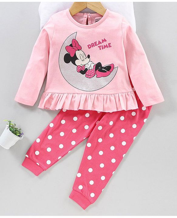 Babyhug Disney Full Sleeves Night Suit Minnie Mouse Print - Pink