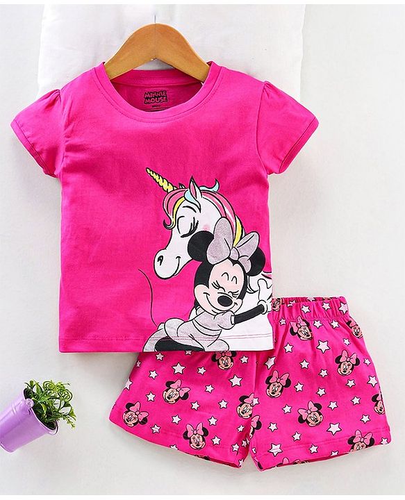 Babyhug Short Sleeves Night Suit Disney Print - Pink