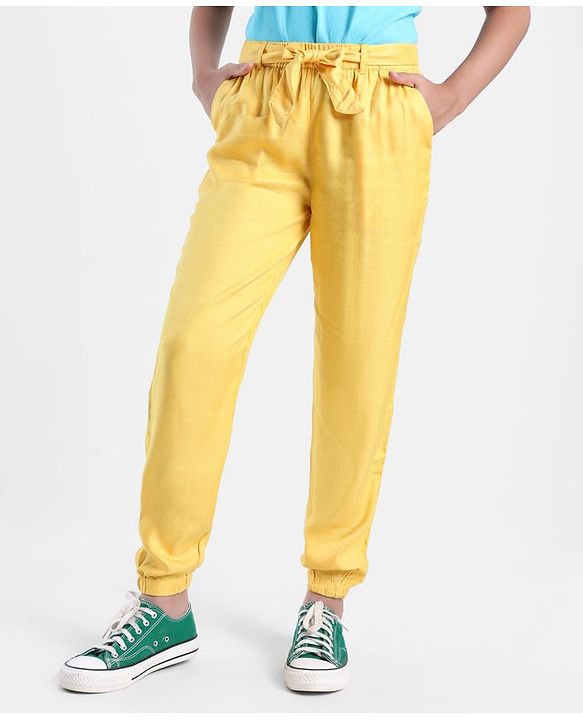 Pine Kids Full Length Solid Color Lounge Pants With Tie-Up At Waistband - Yellow