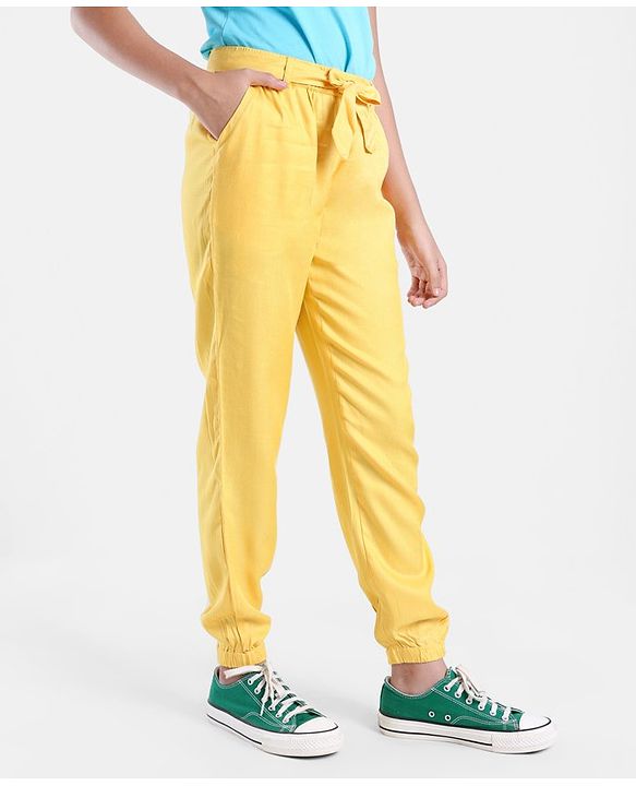 Pine Kids Full Length Solid Color Lounge Pants With Tie-Up At Waistband - Yellow