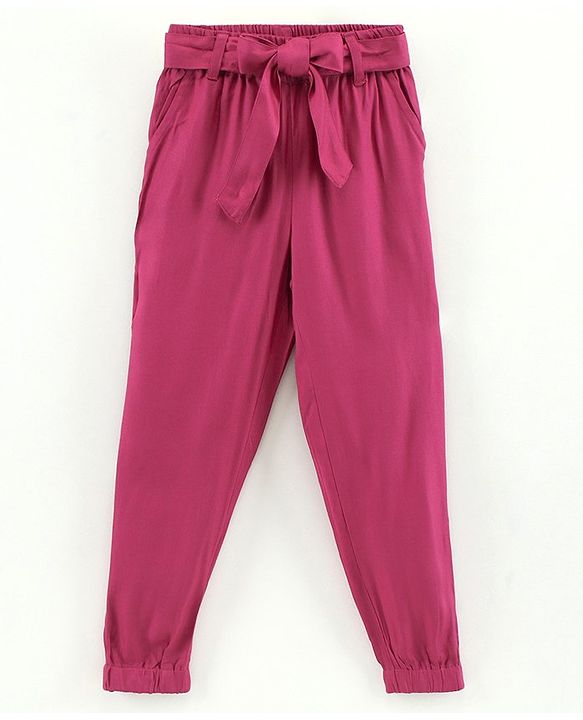 Pine Kids Full Length Solid Color Lounge Pants With Tie-Up At Waistband - Pink