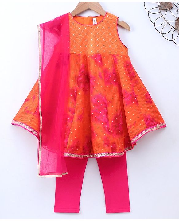 Babyhug Sleeveless Sequined Asymmetrical Kurta and Chudidar Set with Lace Border Dupatta - Fuschia