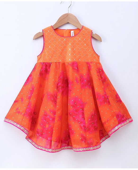 Babyhug Sleeveless Sequined Asymmetrical Kurta and Chudidar Set with Lace Border Dupatta - Fuschia