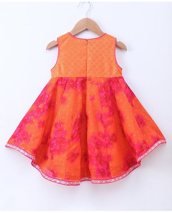 Babyhug Sleeveless Sequined Asymmetrical Kurta and Chudidar Set with Lace Border Dupatta - Fuschia