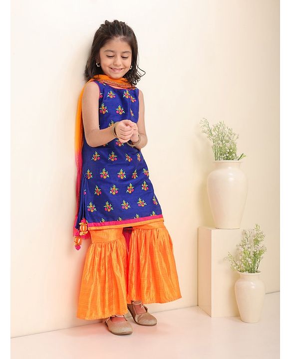 Babyhug Sleeveless Embroidered Tassel Kurta and Garara Set with Lace Border Ruffled Dupatta - Blue Orange