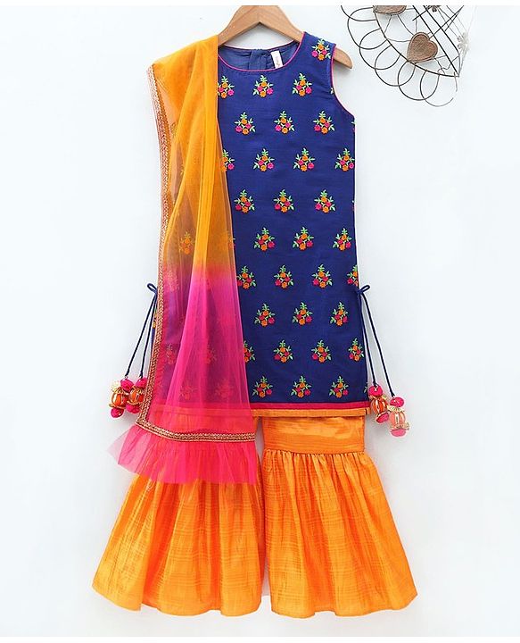 Babyhug Sleeveless Embroidered Tassel Kurta and Garara Set with Lace Border Ruffled Dupatta - Blue Orange