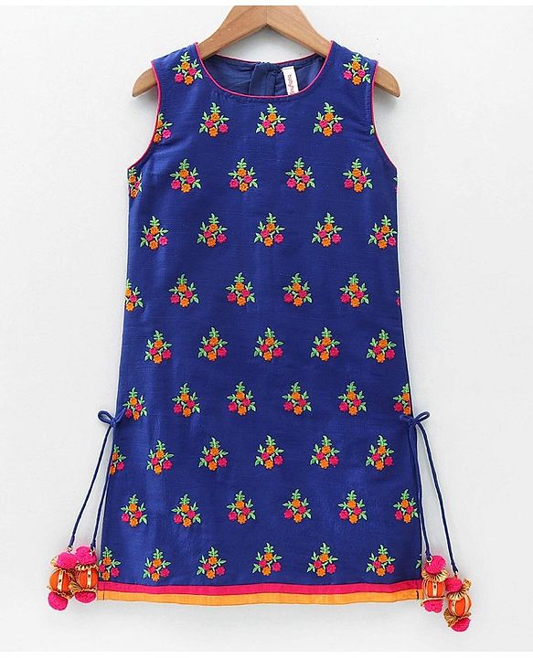 Babyhug Sleeveless Embroidered Tassel Kurta and Garara Set with Lace Border Ruffled Dupatta - Blue Orange