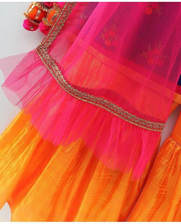 Babyhug Sleeveless Embroidered Tassel Kurta and Garara Set with Lace Border Ruffled Dupatta - Blue Orange