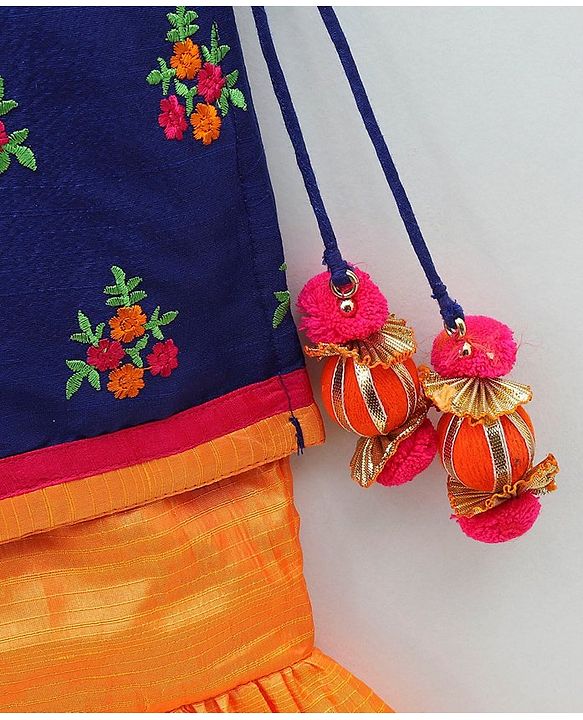 Babyhug Sleeveless Embroidered Tassel Kurta and Garara Set with Lace Border Ruffled Dupatta - Blue Orange