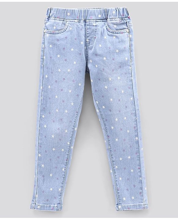 Pine Kids Full Length Jeggings with Enzyme Softner Wash Star Print- Light Blue