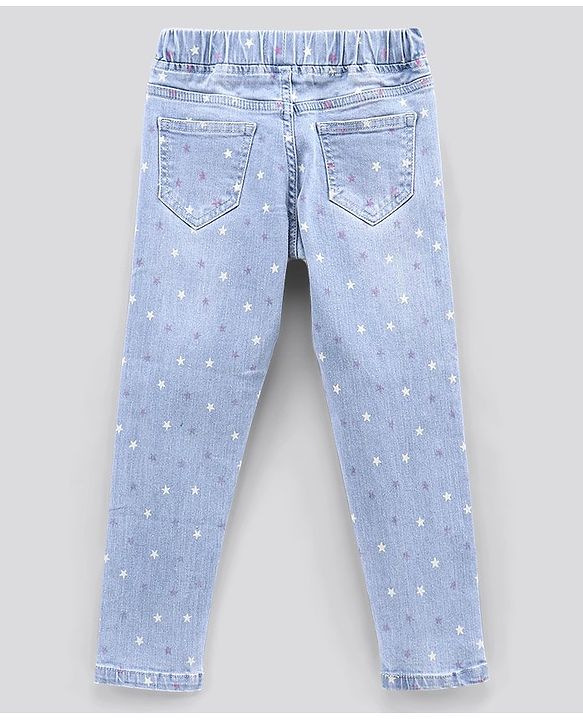 Pine Kids Full Length Jeggings with Enzyme Softner Wash Star Print- Light Blue