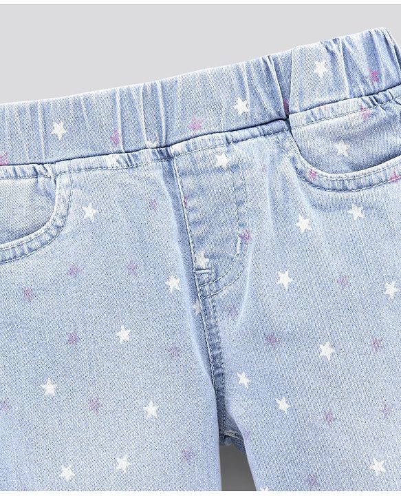Pine Kids Full Length Jeggings with Enzyme Softner Wash Star Print- Light Blue