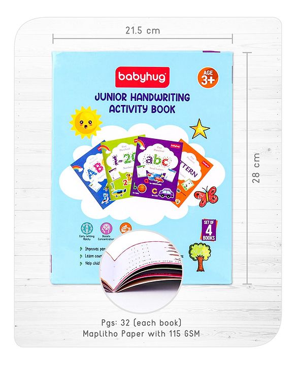 Babyhug Junior Handwriting Activity Books|Learn and Practice|For Toddlers, Nursery, Preschool Children|Pack of 4-ABC,abc,1-20 & Pattern|English|Ideal for Gifting