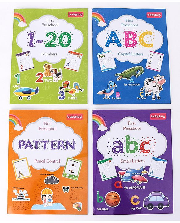 Babyhug Junior Handwriting Activity Books|Learn and Practice|For Toddlers, Nursery, Preschool Children|Pack of 4-ABC,abc,1-20 & Pattern|English|Ideal for Gifting