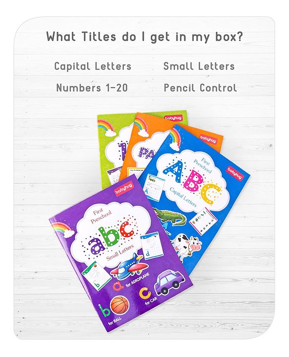 Babyhug Junior Handwriting Activity Books|Learn and Practice|For Toddlers, Nursery, Preschool Children|Pack of 4-ABC,abc,1-20 & Pattern|English|Ideal for Gifting
