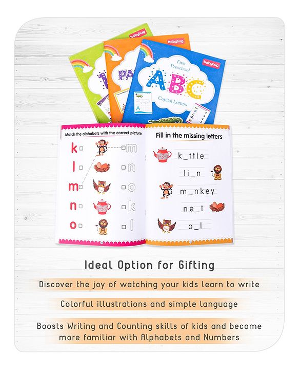 Babyhug Junior Handwriting Activity Books|Learn and Practice|For Toddlers, Nursery, Preschool Children|Pack of 4-ABC,abc,1-20 & Pattern|English|Ideal for Gifting
