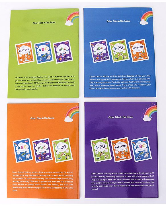 Babyhug Junior Handwriting Activity Books|Learn and Practice|For Toddlers, Nursery, Preschool Children|Pack of 4-ABC,abc,1-20 & Pattern|English|Ideal for Gifting