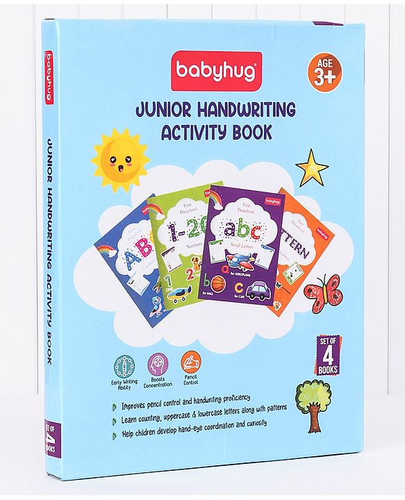 Babyhug Junior Handwriting Activity Books|Learn and Practice|For Toddlers, Nursery, Preschool Children|Pack of 4-ABC,abc,1-20 & Pattern|English|Ideal for Gifting