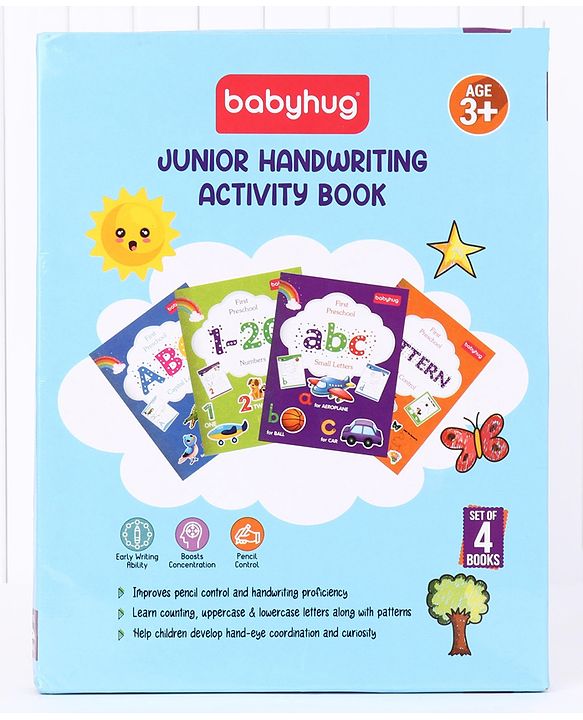 Babyhug Junior Handwriting Activity Books|Learn and Practice|For Toddlers, Nursery, Preschool Children|Pack of 4-ABC,abc,1-20 & Pattern|English|Ideal for Gifting