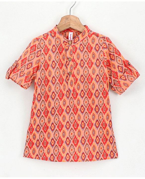 Babyhug Full Sleeves Cotton Block Print Kurta - Orange