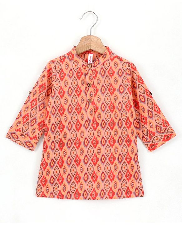 Babyhug Full Sleeves Cotton Block Print Kurta - Orange