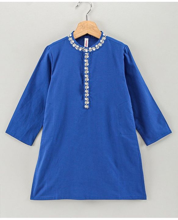 Babyhug Full Sleeves Kurta Pyjama Set with Embroidered Neckline - Navy White