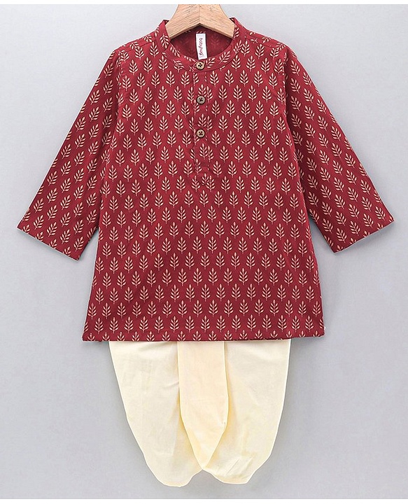 Babyhug Full Sleeves All Over Printed Dhoti & Kurta Set - Maroon