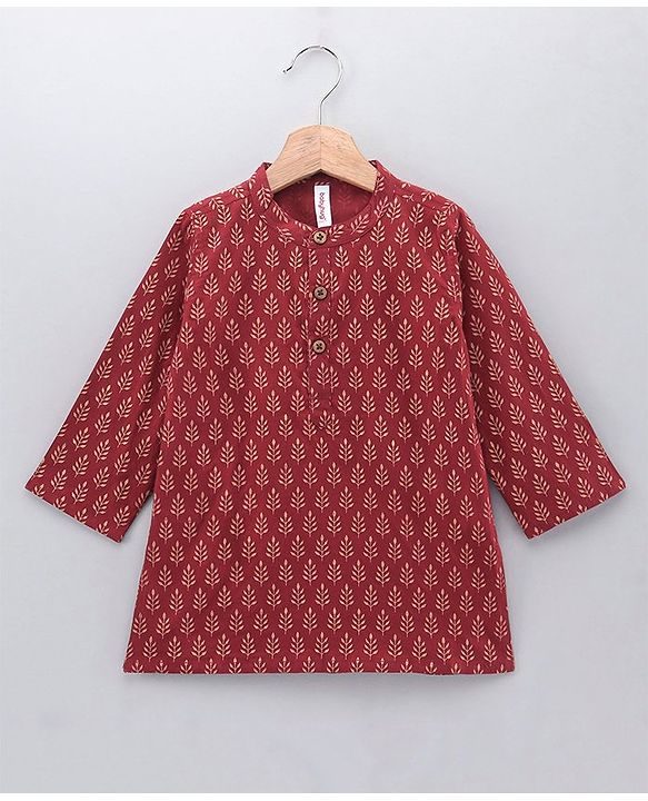 Babyhug Full Sleeves All Over Printed Dhoti & Kurta Set - Maroon
