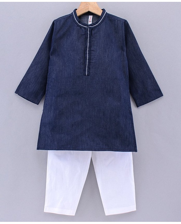 Babyhug Full Sleeves Solid Colour Kurta & Pyjama - Dark Blue White