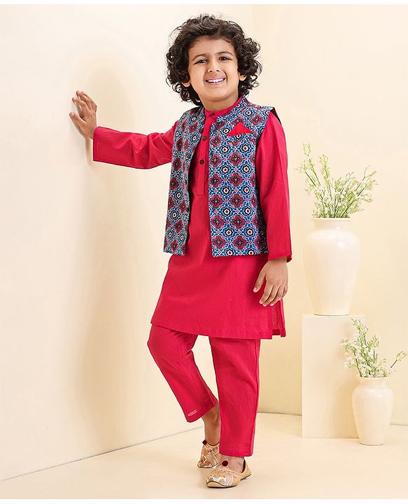 Babyhug Full Sleeves Kurta Pyjama Set with Waistcoat Abstract Floral Print - Maroon Blue