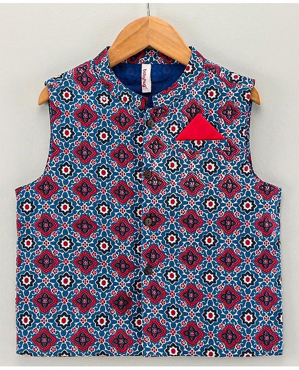 Babyhug Full Sleeves Kurta Pyjama Set with Waistcoat Abstract Floral Print - Maroon Blue