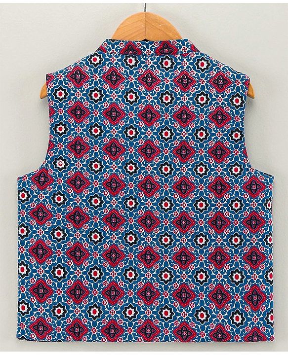Babyhug Full Sleeves Kurta Pyjama Set with Waistcoat Abstract Floral Print - Maroon Blue