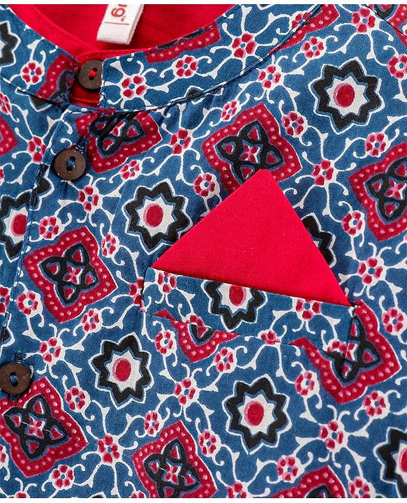 Babyhug Full Sleeves Kurta Pyjama Set with Waistcoat Abstract Floral Print - Maroon Blue