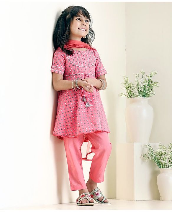 Babyhug Half Sleeves Kurti Churidar Set with Dupatta All Over Printed - Pink