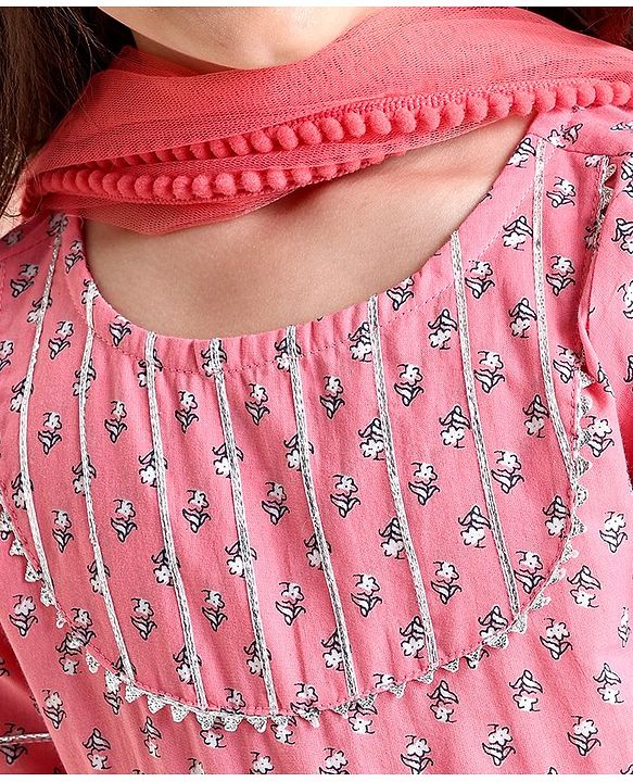 Babyhug Half Sleeves Kurti Churidar Set with Dupatta All Over Printed - Pink