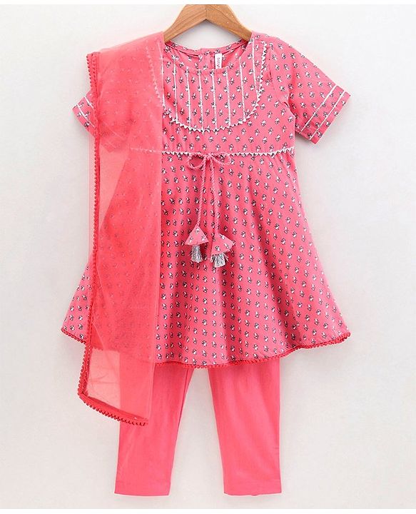 Babyhug Half Sleeves Kurti Churidar Set with Dupatta All Over Printed - Pink