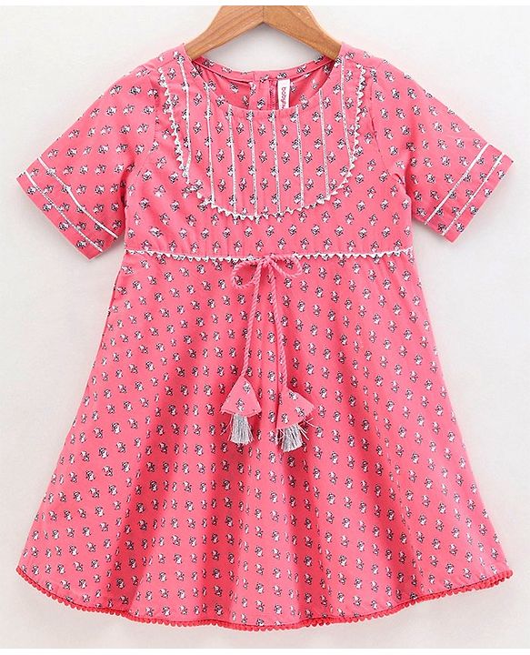 Babyhug Half Sleeves Kurti Churidar Set with Dupatta All Over Printed - Pink
