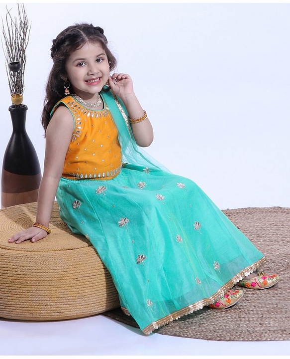 Babyhug Half Sleeves Sequined Choli & Flared Lehenga with Dupatta - Orange Aqua