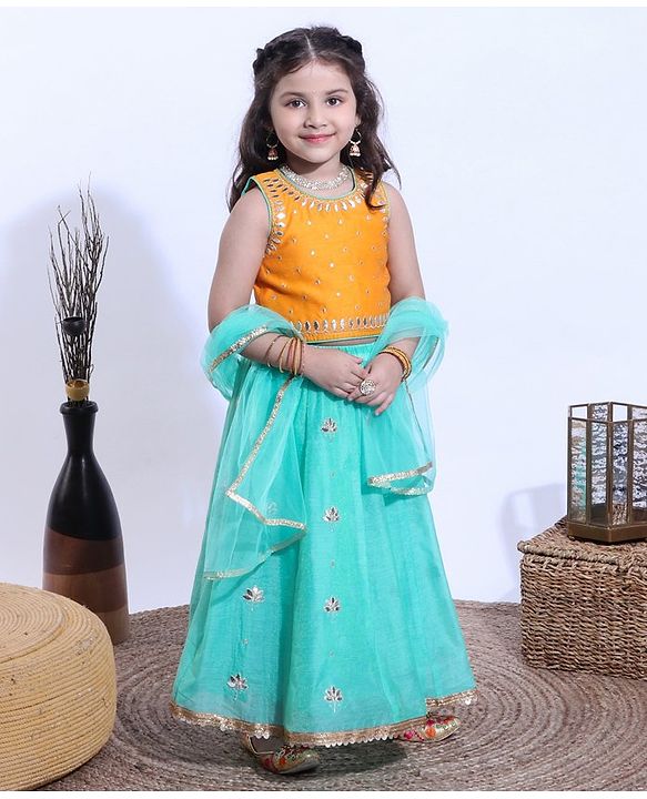 Babyhug Half Sleeves Sequined Choli & Flared Lehenga with Dupatta - Orange Aqua