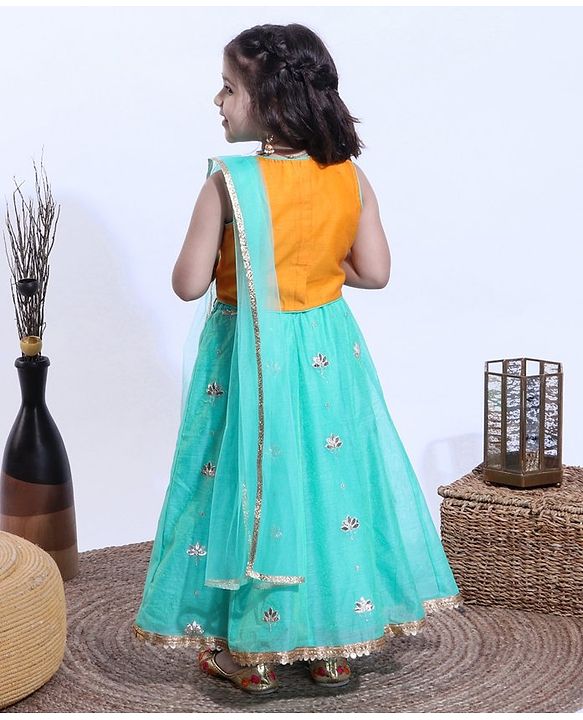 Babyhug Half Sleeves Sequined Choli & Flared Lehenga with Dupatta - Orange Aqua